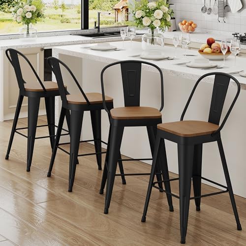 Andeworld Metal Bar Stools Set of 4, 24 inch Counter Height Barstools with Backs Farmhouse Modern High Back Bar Stools with Larger Seat Kitchen Dining Bar Chairs,Matte Black