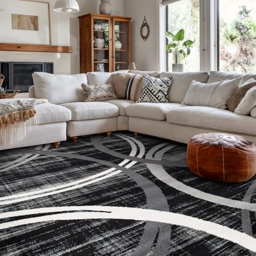 Rugshop Modern Wavy Circles Design Area Rug, Carpet with Jute Backing for Living Room, Dining Room, or Office, Black, 7'10" x 10'2"