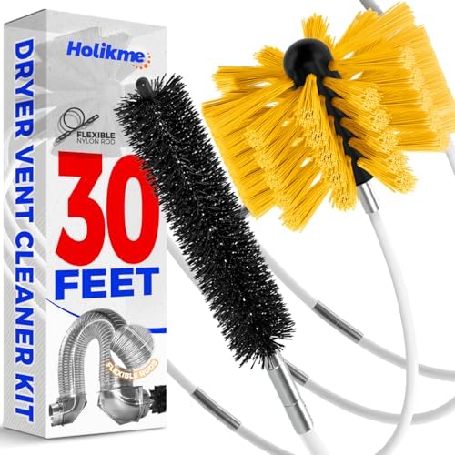 Holikme 30 Feet Dryer Vent Cleaner Kit,Flexible Lint Brush with Drill Attachment, Extends Up to 30 Feet for Easy Cleaning, Synthetic Brush Head, Use with or Without a Power Drill, Yellow