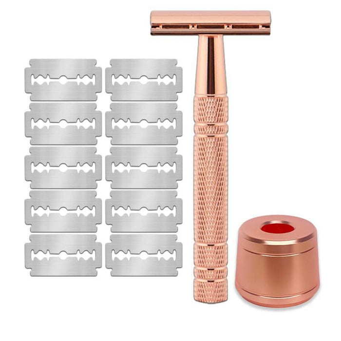 Men's and Women's Manual Razor Safety Razor with 10 Double Edge Blades, Double Edge Razor, Reusable Razor Kit, Eco-Friendly, Smooth Close Shave, Plastic-Free (Pink + base)