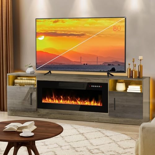 Lemberi Fireplace tv Stand with 36 inch Fireplace Up to 80" TVs,LED Light Entertainment Center and Storage, 70" Modern Wood Media TV Console with Highlight Cabinet for Living Room (Gray)