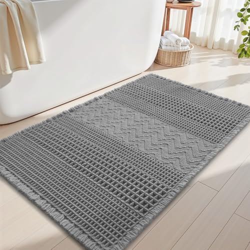 AMOAMI Waffle Bath-Mat, Super Absorbent Bath Mats for Bathroom, Boho Bathroom Rugs Non Slip Washable, Ultra Soft Bathroom-Mat with Tassels Bath Rugs for Floor Mat, 17" X 24" Grey