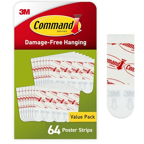 Command Poster Strips, 64 Command Strips Damage Free Hanging Poster Hangers, No Tools Wall Hanging Strips for Home Decor, Room Decor, Wall Decor, and Office Decor, White Adhesive Strips