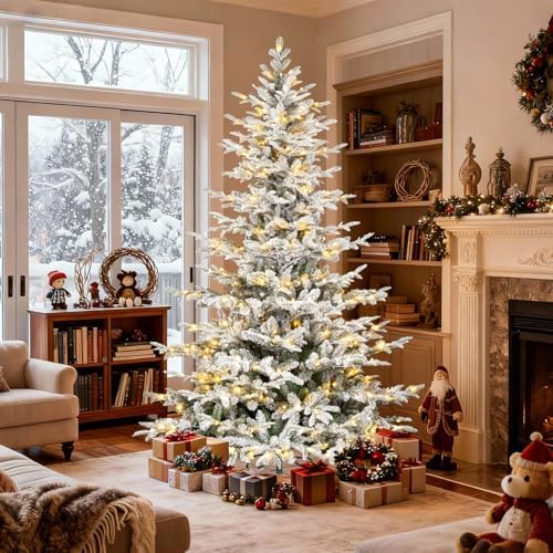 Hykolity 6 ft Snow Flocked Aspen Fir Christmas Tree, Prelit Artificial Christmas Tree with 330 Warm White Lights, 797 PE&PVC Branch Tips, Metal Stand and Hinged Branches
