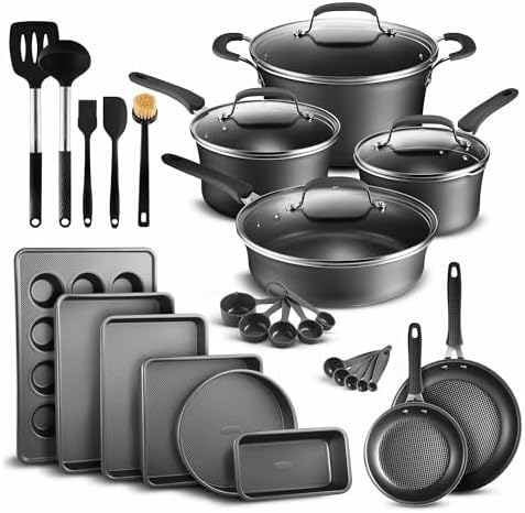 Pots and Pans Set, 23-Piece Non Stick Cookware & Bakeware Sets with Plaid Pattern, Stackable Design, Dishwasher Safe, Stain-resistant, Oven & All-Stove Safe, Tempered Glass Lid, Black