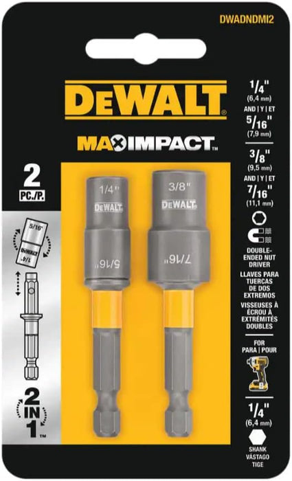 DEWALT Magnetic MAX IMPACT Double Ended Carbon Steel Nut Driver (2-Pack) which includes 1/4 to 5/16 and the 3/8 to 7/16 Nut Drivers for a 1/4'' Impact Driver, (DWADNDMI2)