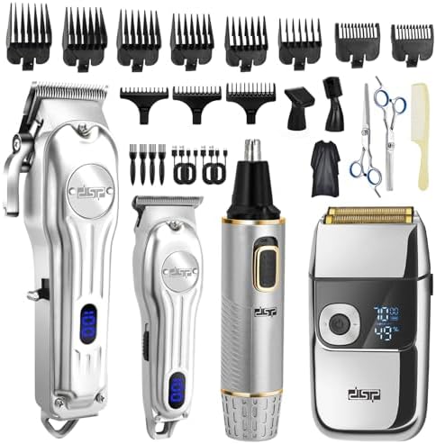 DSP 4-in-1 Pro Barber Kit: Cordless Hair Clipper, Trimmer, Shaver & Nose Hair Remover - Styling & Grooming Set with Scissors, Fade Tools, LED Display