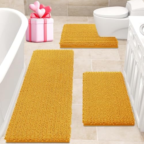 ACCUMTEK Upgrade Extra Large Yellow Bathroom Rug Set 3 Pieces Ultra Soft, Thick Absorbent Bath Mats, Non Slip Chenille Toilet Mat for Bathroom, Bedroom, Kitchen