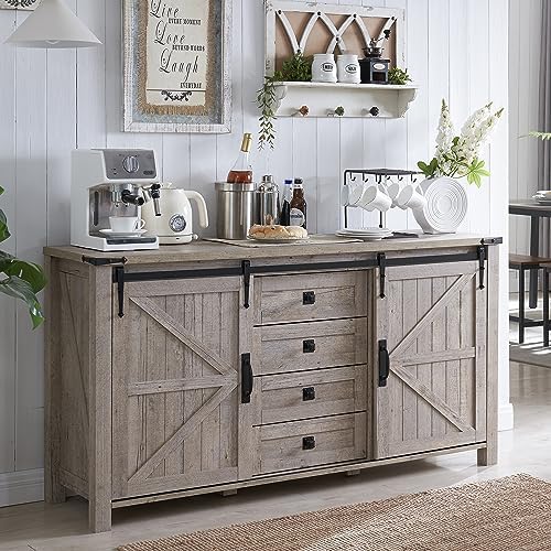 T4TREAM Farmhouse Sideboard Buffet Cabinet with Storage, 60" Large Kitchen Cabinet w/Sliding Barn Doors and 4 Drawers, 31.2'' Tall Rustic Wood Coffee Bar Table for Dining Room, Light Rustic Oak
