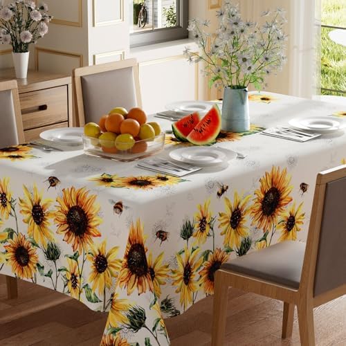 Watercolor Sunflower Leaves Bees Summer Tablecloth Rectangle Washable Table Covers for Indoor Outdoor Dining Home Party Decorations 60x84 Inch
