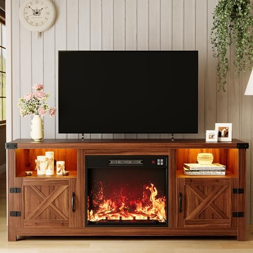 YESHOMY LED Fireplace TV Stand with Mood Lighting, TV Cabinet with Open Shelf, Farmhouse Media Console with Hidden Cable Routing, Entertainment Center for Televisions up to 65+ Inch, Walnut