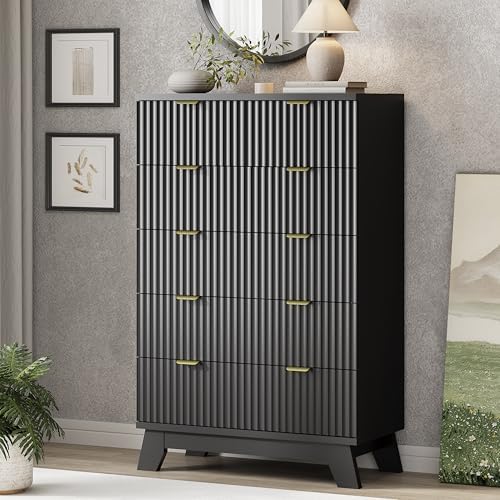 Fluted Dresser for Bedroom with 6 Drawers, 46" Tall Modern Chest of Drawers with Metal Handle, Wooden Dresser TV Stand, Wood Closet Clothes Storage Organizer for Living Room, Hallway, Black