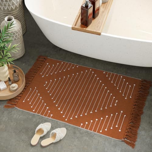 LIVEBOX Boho Bathroom Rug 2' x 3' Washable Burnt Orange Small Moroccan Throw Rug for Bath,Cotton Woven Area Rug Carpet with Tassel for Entryway Kitchen Sink Front Door Fall Bathroom Decor