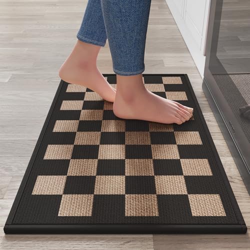 Kitchen Mats for Floor, Soft Anti Fatigue Super Absorbent Kitchen Rugs Non Slip Washable, Linen-Look Woven Cushion Kitchen Runner Rug, Kitchen Sink Standing Mat, Black Brown Checkered 17"x30"