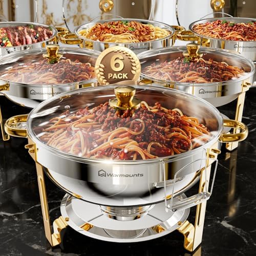 WARMOUNTS Gold Chafing Dishes for Buffet with Glass Lid (5QT, 6Pack), Round Chafers and Buffet Warmers Set with Mirror-Polished Stainless Steel, Rolled Rim, Stackable, Lid Holder for Parties, Weddings
