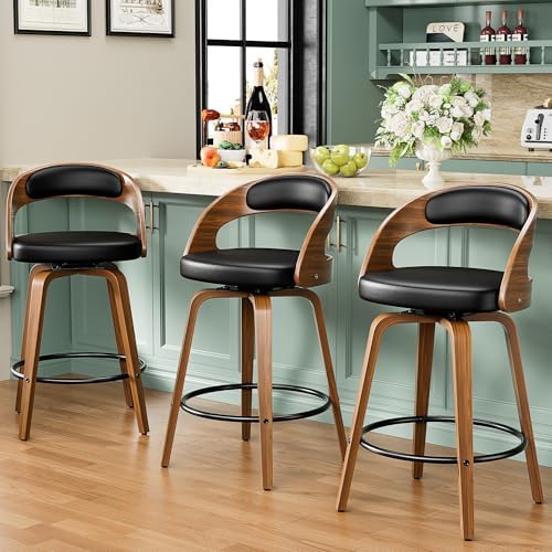 Bar Stools Set of 3, 26" Counter Height Barstools with Bentwood Legs, Swivel Counter Stools with Back, Mid Century Modern Faux Leather Upholstered Bar Chairs for Kitchen Island, Black