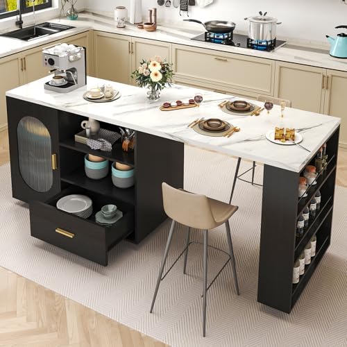 HSH Kitchen Island with Storage, Mobile Kitchen Island Cart with Cabinet, Drawer & Shelves, Farmhouse Island Table on Wheels with White Faux Marble Top and Black Oak Base for Dining Room & Home Bar