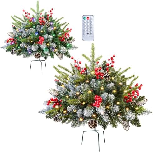 Set of 2 18 Inch Lighted Outdoor Christmas Tree with Remote, Timer, Multi-Color Lights, Battery Operated Pre-lit Frosted Pathway Urn Filler, Christmas Porch Decorations for Home, Porch & Yard