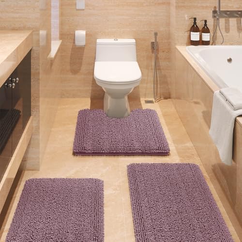 Striped Mauve Bathroom Rug Set 3 Pieces Ultra Soft, Non Slip Chenille Bath Carpet, Absorbent Plush Shaggy Bath Mats for Bathroom, Toilet, Bedroom, Kitchen