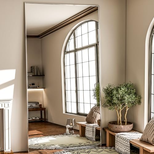 GLSLAND 76"x34" Full Length Mirror Extra Large Hanging or Leaning Rectangle Mirror Aluminum Alloy Thin Frame Bedroom Floor Dressing,Silver