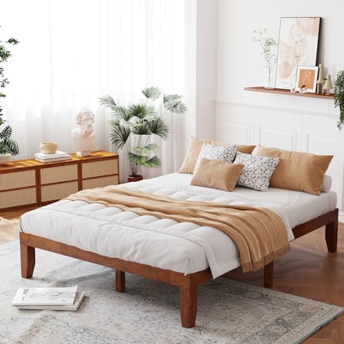 Giantex 14 Inch Queen Wood Platform Bed Frame, Minimalist Style Mattress Foundation with Solid Rubber Wood, Heavy Duty Slat Support, Without Headboard, Easy Assembly, No Box Spring Needed, Walnut
