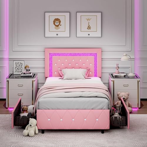 BarnFurin Twin Bed Frames with LED Lights and Storage Drawers, Upholstered Platform Bed with Diamond Headboard, Faux Leather Princess Platform Bed, No Box Spring Needed, Easy Assembly, Pink