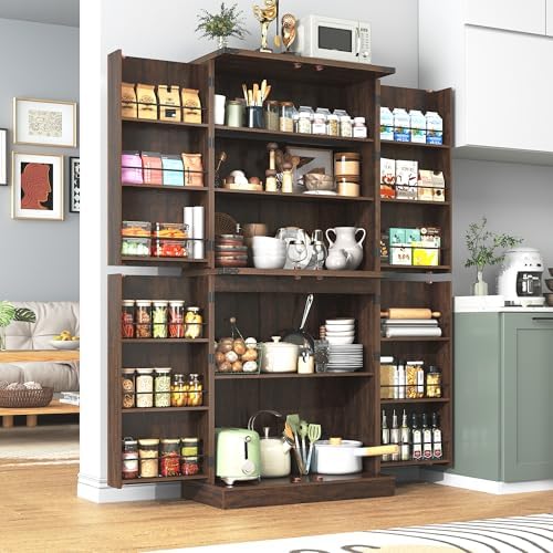 Farmhouse Kitchen Pantry Cabinet, 71" Tall Storage Cabinet with Adjustable Shelves & 4 Barn Doors & Drawer, Rustic Wood Cupboard for Kitchen, Dining Room, Living Room, Brown