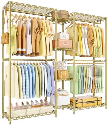 Ulif E4 Clothes Rack, Heavy-Duty Garment Rack, Metal Freestanding Clothing Organization Storage System Can Be L-Shaped with Shelves and Hangers, Max Load 962lbs, 71.6" W x 14.5" D x 79.3" H, Gold