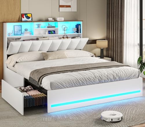 VIAGDO Queen Bed Frame with Bookcase Headboard, Wooden Bed Frame Queen Size with Charging Station, 4 Storage Drawers and LED Lights, with Type-C and USB, No Box Spring Needed, White