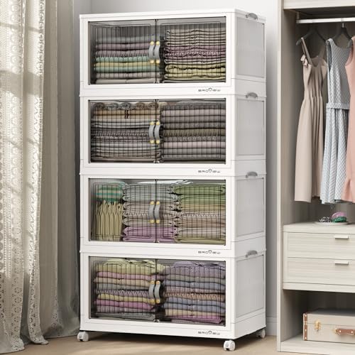 BROVIEW 480Qt Stackable Storage Bins with Lid, Extra Large Closet Organizer Collapsible Drawer Boxes with Wheels, Folding Plastic Cabinet Containers for Home Kitchen Room Organization, 4Pack White