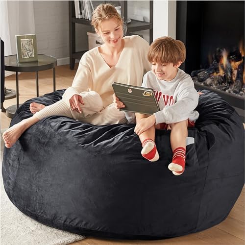 Codi Oversized Bean Bag Chair with Filler Included, 5 FT - Comfy Huge Beanbag Chairs for Adults, Memory Foam Added - Machine Washable and Soft Mink Bonded Cover - Black, 5ft