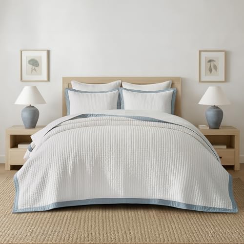EVERGRACE Cotton Border Frame Tack-Stitch Quilt Bedding Set King Size, Coastal Oversized 3 Pieces Lightweight Bedspread Coverlet for All Season, with 2 Matching Shams, Blue Linen