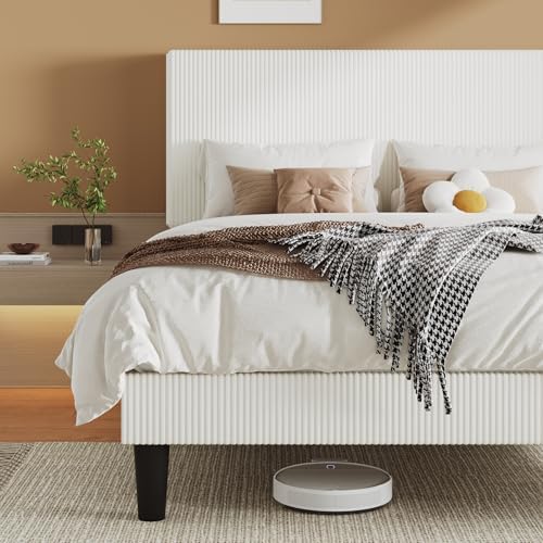 Allewie Queen Size Upholstered Bed Frame with Vertical Channel Tufted Headboard, Soft Corduroy Fabric Platform Bed, Strong Wooden Slats Support, Easy Assembly, No Box Spring Needed, White