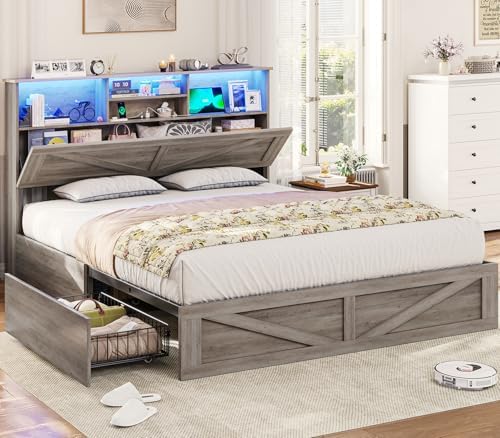 VIAGDO Farmhouse Bed Frame Queen Size with Bookcase Storage Headboard, Charging Station and LED Lights, Wooden Queen Bed Frame with 4 Drawers, Barn Door Design, No Box Spring Needed, No Noise, Grey