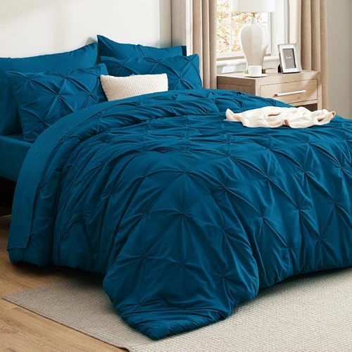 Bedsure King Size Comforter Set Teal - Bed in a Bag King Size 7 Pieces, GentleSoft™ Pintuck Bed Set Gift for Family, Pinch Pleat Teal Comforter with Sheets, Pillowcases & Shams