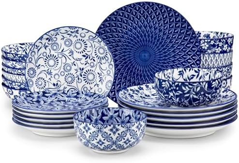vancasso SELENE Plates and Bowls Set for 6, 24 Pieces Dinnerware Sets, Mircowave and Dishwasher Safe Dishes Set, Porcelain Blue Dinnerware