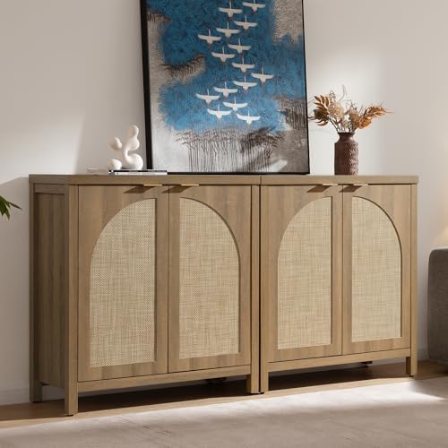 SICOTAS 68" W Rattan Sideboard Buffet Cabinet with Storage Set of 2, Mid Century Modern Credenza with Arch Doors & Shelves Farmhouse Coffee Bar Media Console Cabinets for Living Room, Entryway