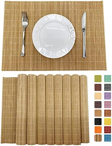 ANDSTAR Set of 8 Pcs Bamboo Placemats Sushi Rolling Mat Japanese Style Natural Anti-Slip, Washable Heat-Resistant Table Mats for Dining Room and Kitchen(Brown)