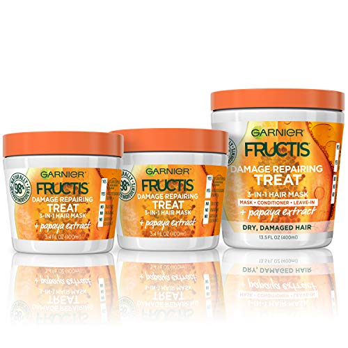 Garnier Fructis Repairing Treat 3-in-1 Hair Mask (Mask + Conditioner + Leave-In) with Papaya for Dry, Damaged Hair, 13.5 Fl Oz + 3.4 Fl Oz, 1 Kit (Packaging May Vary)