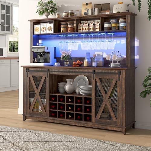 63"Wide 58"H Farmhouse Coffee Bar Cabinet with LED Light,Wine Bar Cabinet w/ 4 Storage Hutch,Kitchen Buffet Cabinet w/Sliding Barn Door & 15 Wine and Glass Racks for Kitchen Dining Room(Brown)