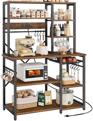 SUPERJARE Large Bakers Rack with Power Outlets, 6-Tier Microwave Stand, Coffee Bar with 12 S-Shaped Hooks, Kitchen Shelf with Wire Basket, 39.3 x 15.5 x 66.9 Inches, Rustic Brown