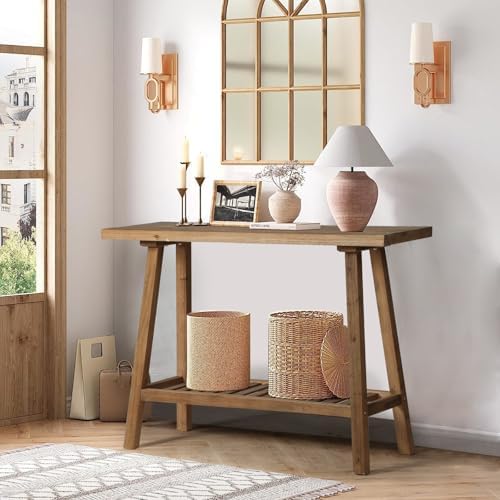 Reclaimed Solid Wood Console Table, 43.3" Farmhouse Entryway Table, Narrow Couch Tables Behind Sofa, 2 Tiers Accent Tables for Hallway, Entrance, Foyer, Living Room