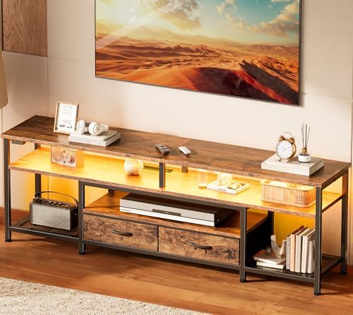 Huuger TV Stand for 65, 70 Inch TV, Entertainment Center with Power Outlets and LED Lights, TV Console for Living Room, Media Console with Drawers and Shelves, Rustic Brown