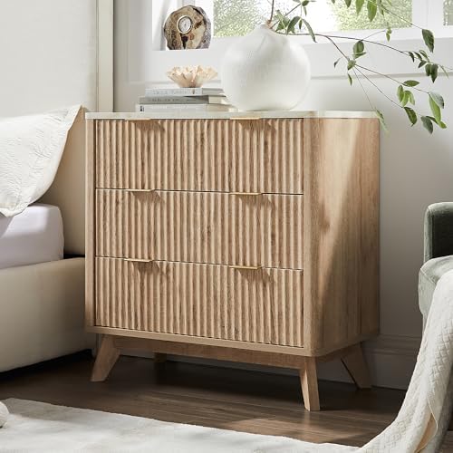 T4TREAM 32" Tall Fluted Nightstand, Modern Side Table with Faux Marble Top, 3 Drawers End Table w/Storage, Bedside Table for Bedroom, Living Room, Curved Profile Design, Natural Oak