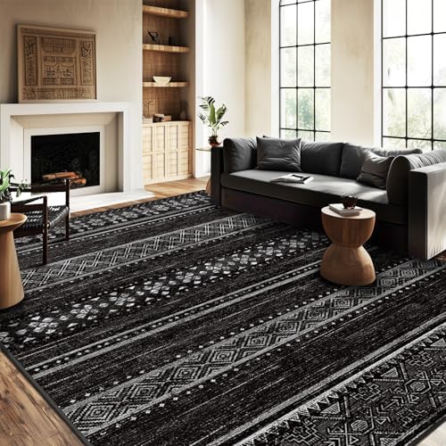BESTSWEETIE 8x10 Area Rugs for Living Room Washable Moroccan Farmhouse Neutral Geometric Low Pile Non-Slip Soft Print Pattern Rug for Bedroom Kitchen Dining Room Entryway Black/White