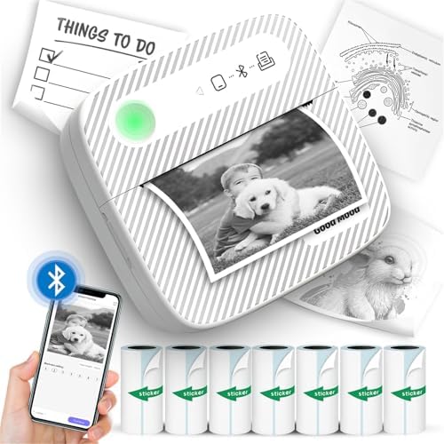 Sticker Printer with 7 Rolls Sticker Paper,Bluetooth Thermal Compatible with iOS & Android, Mini Pocket Portable and Inkless,Study for Flashcards, DIY, Notes