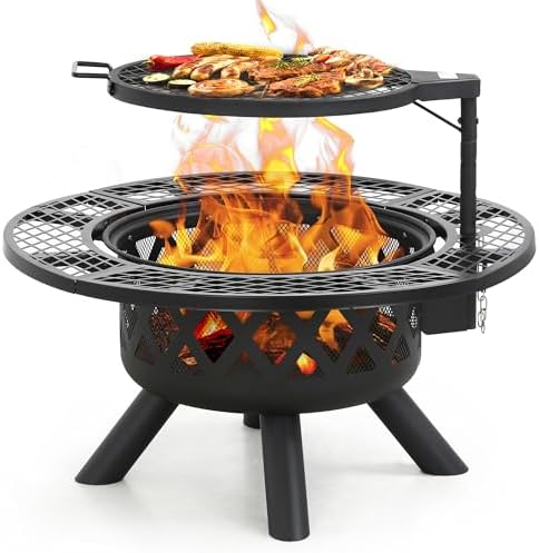 BALI OUTDOORS Fire Pit with Poker, 32 inch Outdoor Fire Pit Patio, Wood Burning Firepits for Outside with Grill