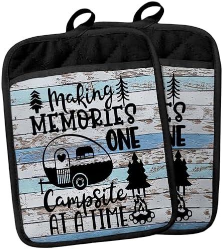 Camping Camper RV Gifts Pot Holders with Pockets, Making Memories One Campsite at a Time Pot Holders Heat Resistant Oven Mitts Hot Pads for Campsite RV Kitchen Baking Cooking