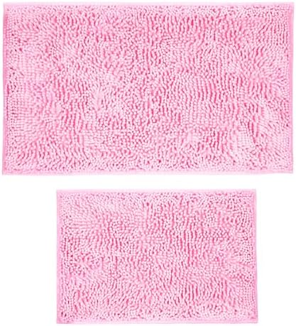 Bathroom 2 Pieces Chenille Bath Rug,Non-Slip Bath Mat,Soft Cozy Shaggy Durable Thick Pink Bathroom Rugs,Easier to Dry, Plush Rugs for Bathtubs, Rain Showers (Pink, 17"x24"+20"x32")
