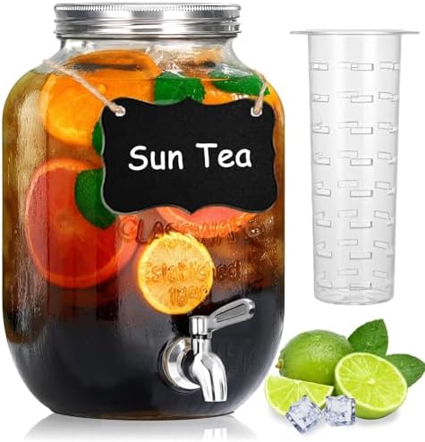 1 Gall Drink Dispensers for Parties - Beverage Dispenser with Stainless Steel Spigot, Lemonade Dispenser, Large Water Juice Jug, Sun Tea Glass Jar for Outside with Ice Core, and Blackboard